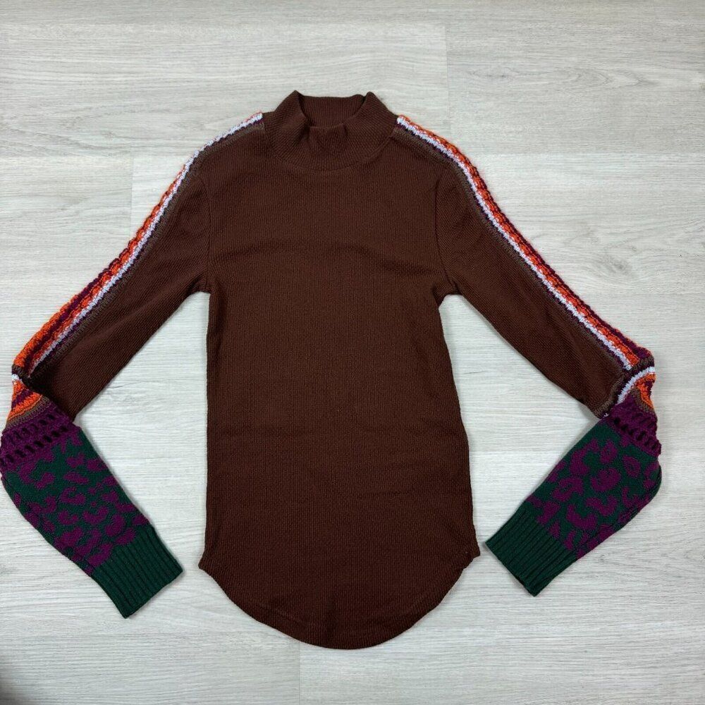 Free People Switch It Up Thermal Knit Top Size XS Brown Crewneck Long Sleeve
